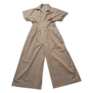 Anthropologie Exquise Danna Jumpsuit Women's Medium Camel Beige Wide Leg Striped